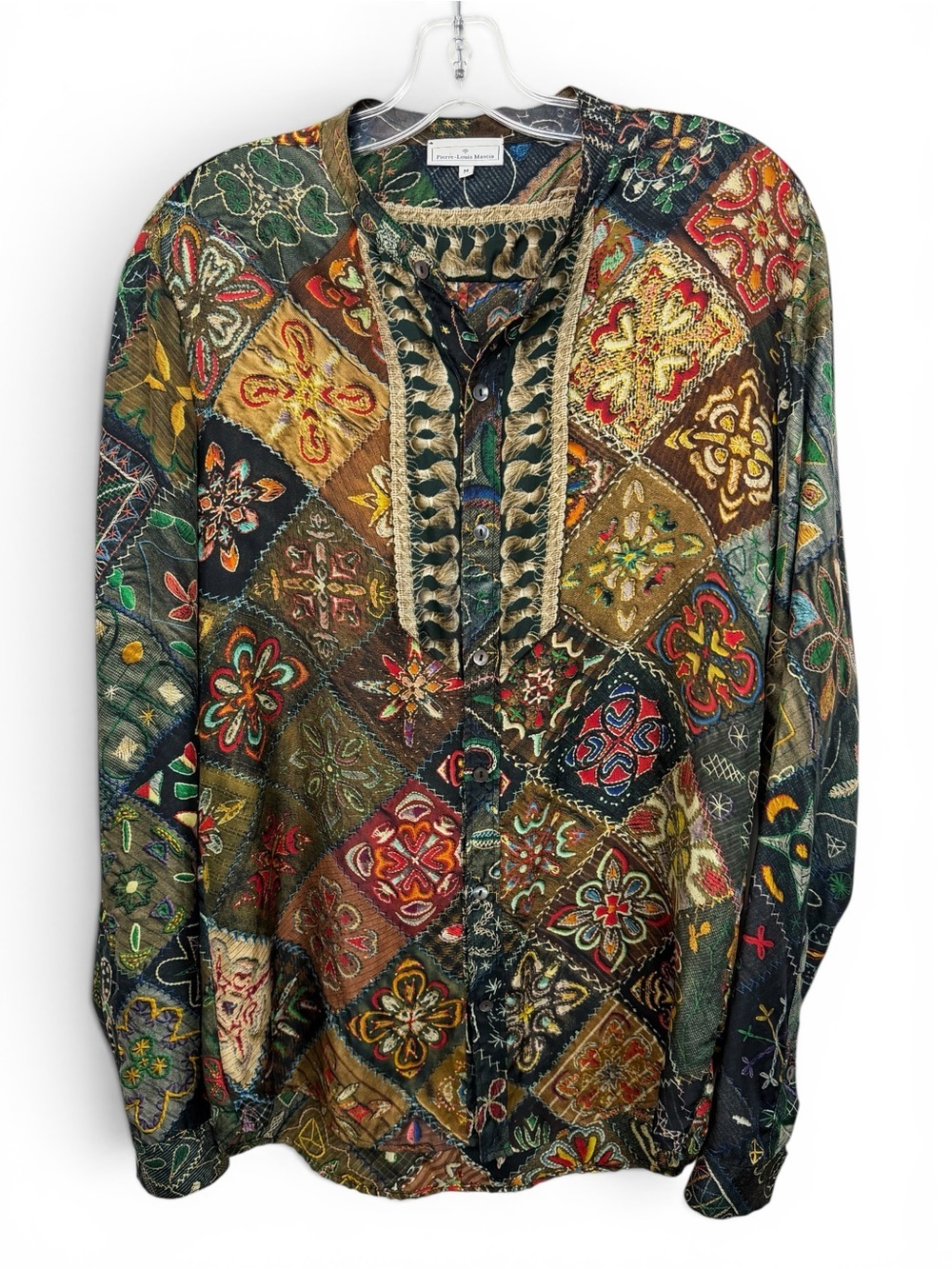 Pierre Louis Mascia Silk Patchwork Tassle Graphic Print Band Collar Shirt Size M